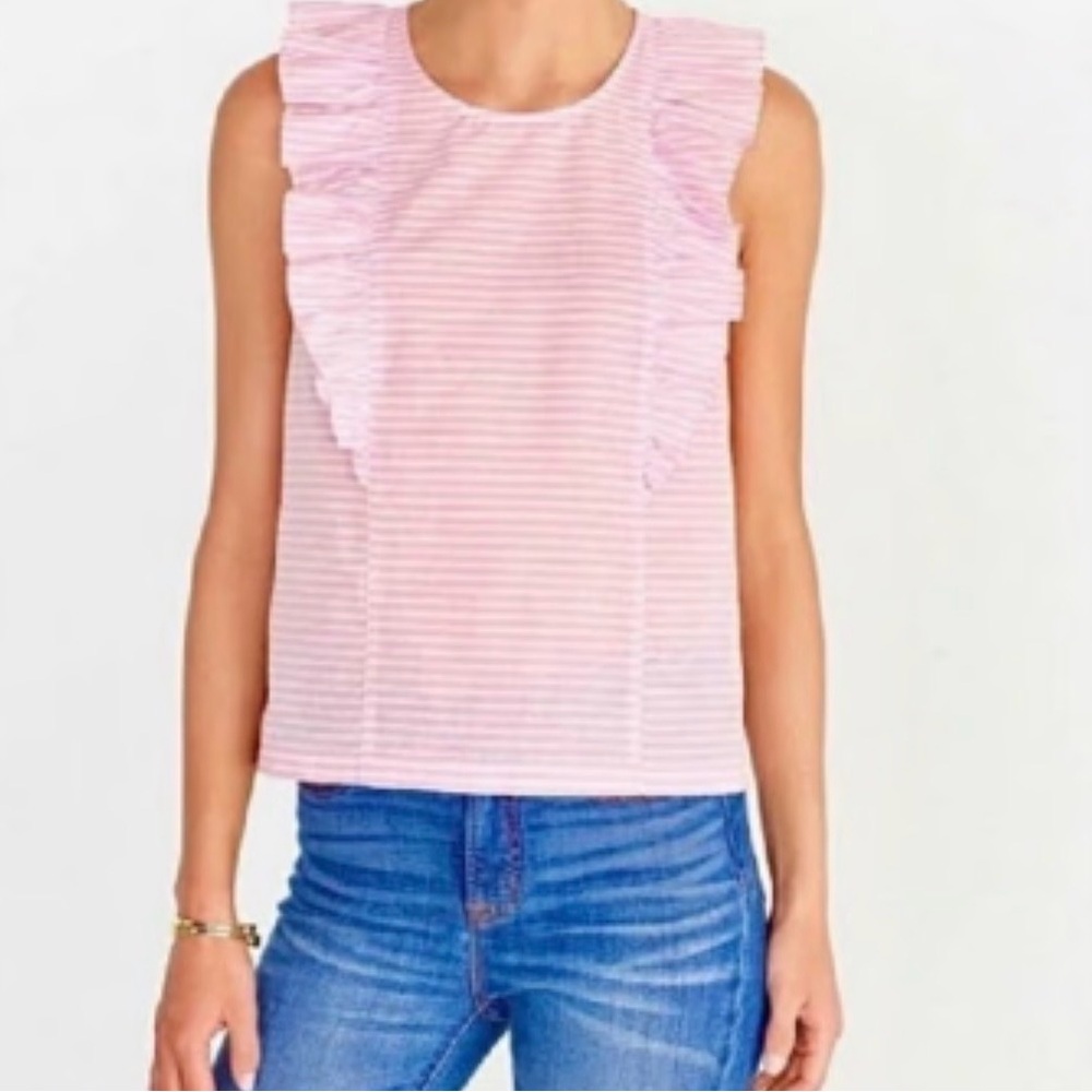 J. Crew Pink Striped Ruffle-Trim Tank